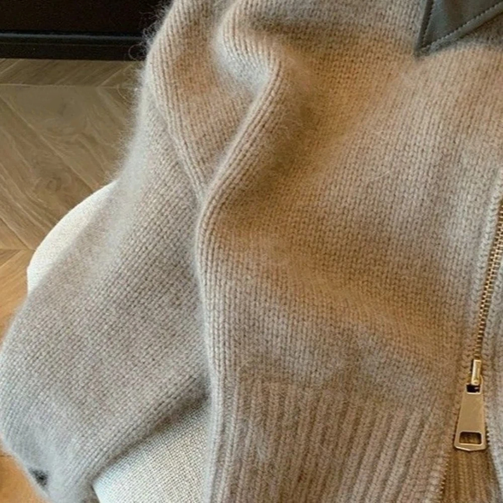 Sewing Front Zipper - Leather Collar Zipper Front Sweater Cardigan