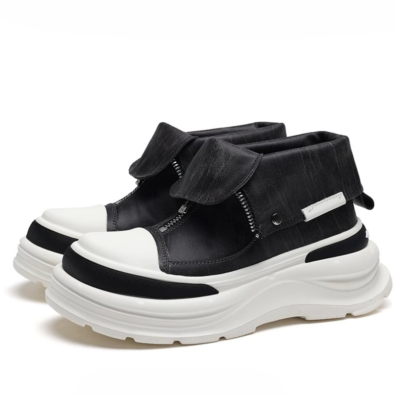 Sewing Front Zipper - Genuine Leather Thick Soled High Top