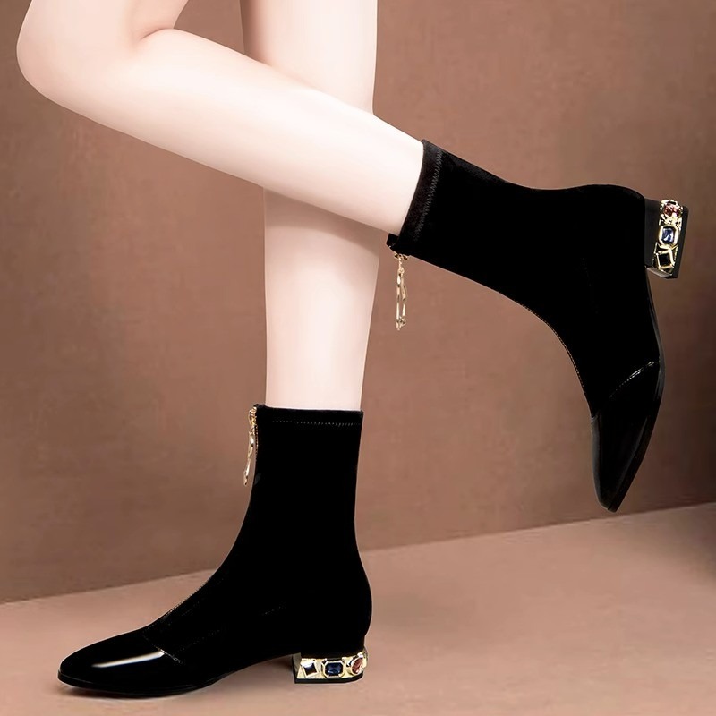 Women Shiny Sequin Ankle Boots - Sewing Front Zipper บทวิจารณ์และราคา